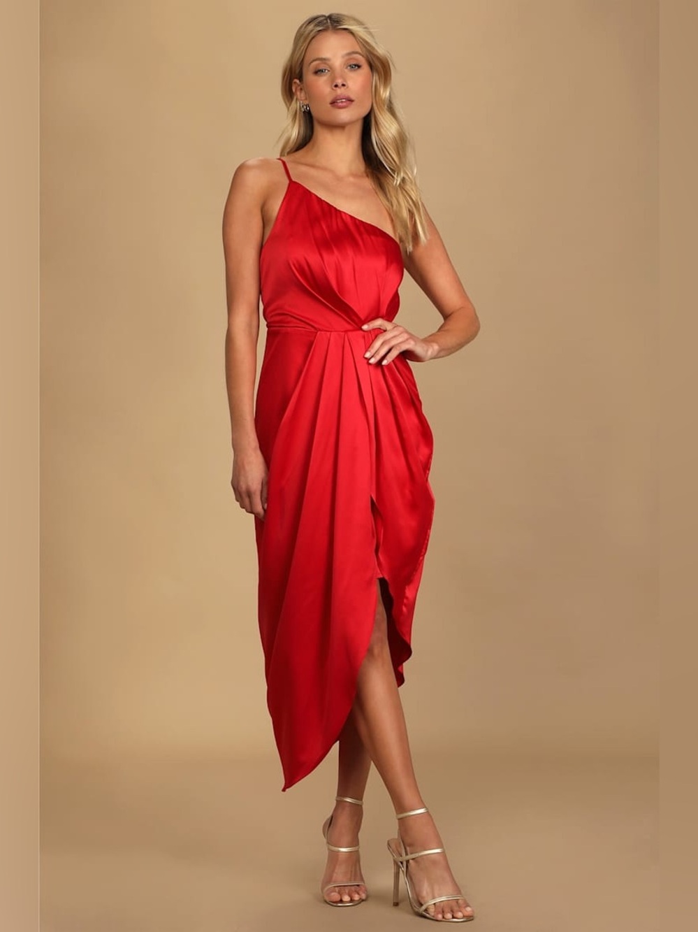 NWOT Lulus Law of Attraction Red Satin One-Shoulder Asymmetrical Midi Dress